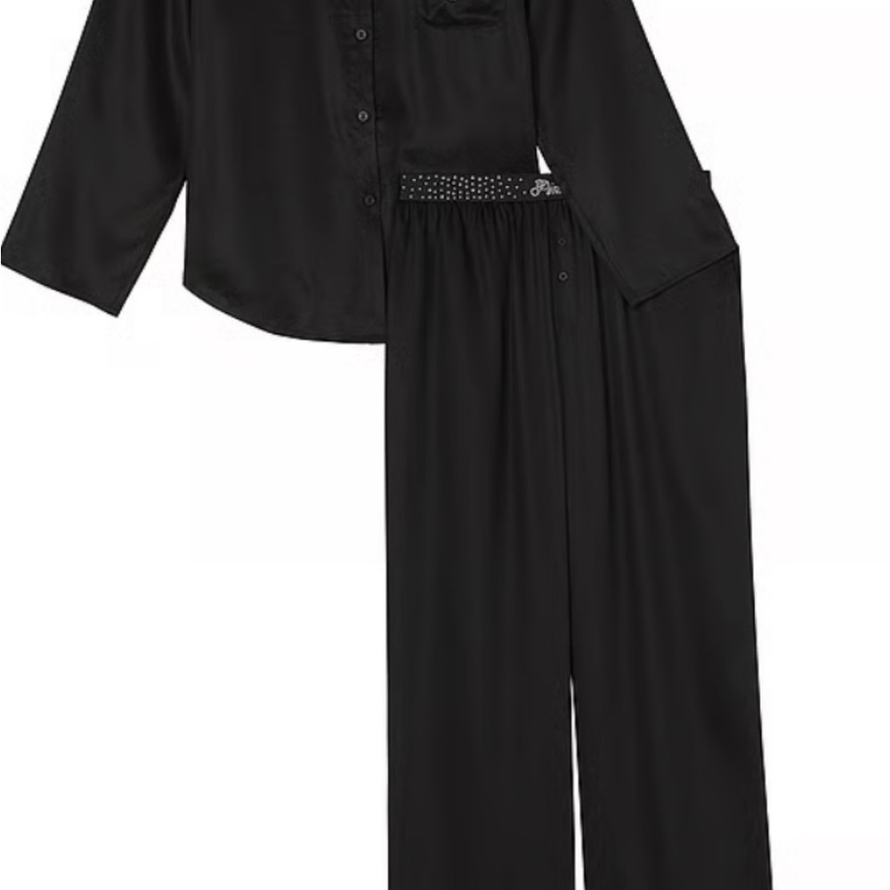Pink Victoria secret black silk rhinestone pajama set